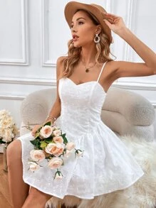 SHEIN VCAY Floral Eyelet Embroidery Cami Dress - White - View 5