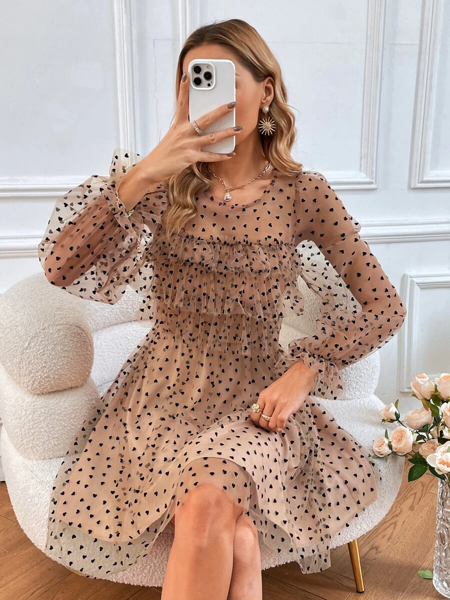 SHEIN Privé Allover Heart Print Ruffle Trim Flounce Sleeve Dress - Khaki - View 1