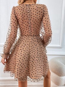 SHEIN Privé Allover Heart Print Ruffle Trim Flounce Sleeve Dress - Khaki - View 2