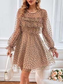 SHEIN Privé Allover Heart Print Ruffle Trim Flounce Sleeve Dress - Khaki - View 3