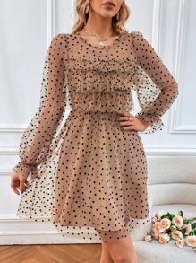 SHEIN Privé Allover Heart Print Ruffle Trim Flounce Sleeve Dress - Khaki - View 6