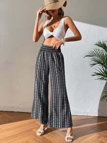 SHEIN VCAY Geo Print Wide Leg Trousers - Black and White - View 5