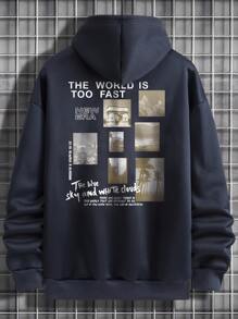 Manfinity Hypemode Men Slogan & Picture Print Drop Shoulder Thermal Drawstring Hoodie - Navy Blue - View 3