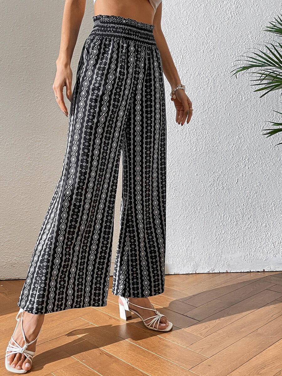 SHEIN VCAY Geo Print Wide Leg Trousers - Black and White - View 1