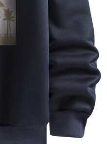 Manfinity Hypemode Men Slogan & Picture Print Drop Shoulder Thermal Drawstring Hoodie - Navy Blue - View 4