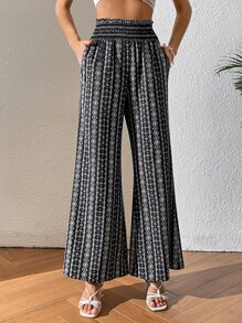 SHEIN VCAY Geo Print Wide Leg Trousers - Black and White - View 7