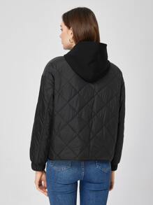 素色連帽假兩件絎縫外套 - 黑色 - 查看 2