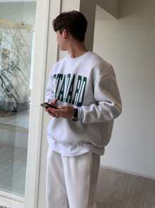DAZY Men Letter Graphic Drop Shoulder Sweatshirt - Light Grey - View 2