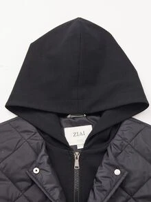 素色連帽假兩件絎縫外套 - 黑色 - 查看 10