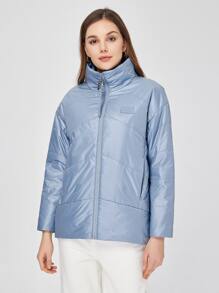 ZIAI Zip Up Patched Detail Padded Coat - Dusty Blue - View 1
