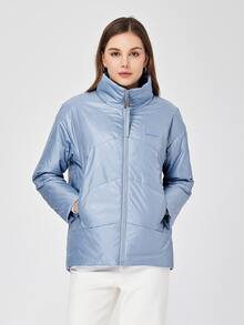 ZIAI Zip Up Patched Detail Padded Coat - Dusty Blue - View 3
