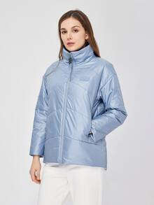 ZIAI Zip Up Patched Detail Padded Coat - Dusty Blue - View 4