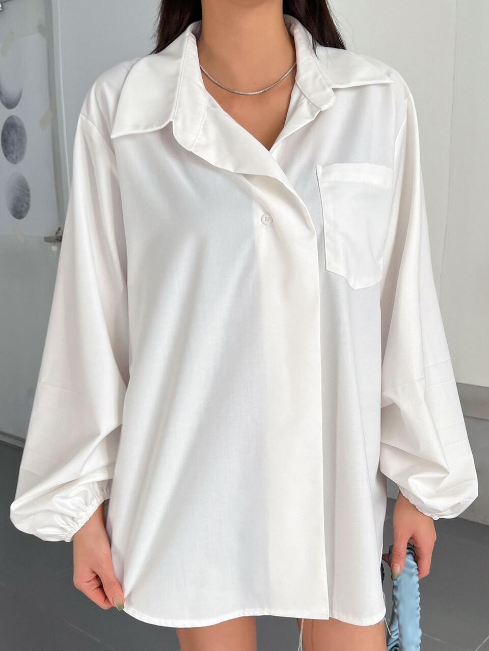 Bishop Sleeve Curved Hem Shirt