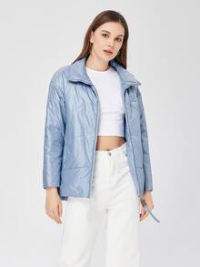 ZIAI Zip Up Patched Detail Padded Coat - Dusty Blue - View 5