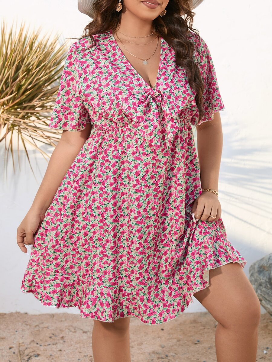 Flirla Plus Ditsy Floral Knot Front Butterfly Sleeve Dress - Multicolor - View 1