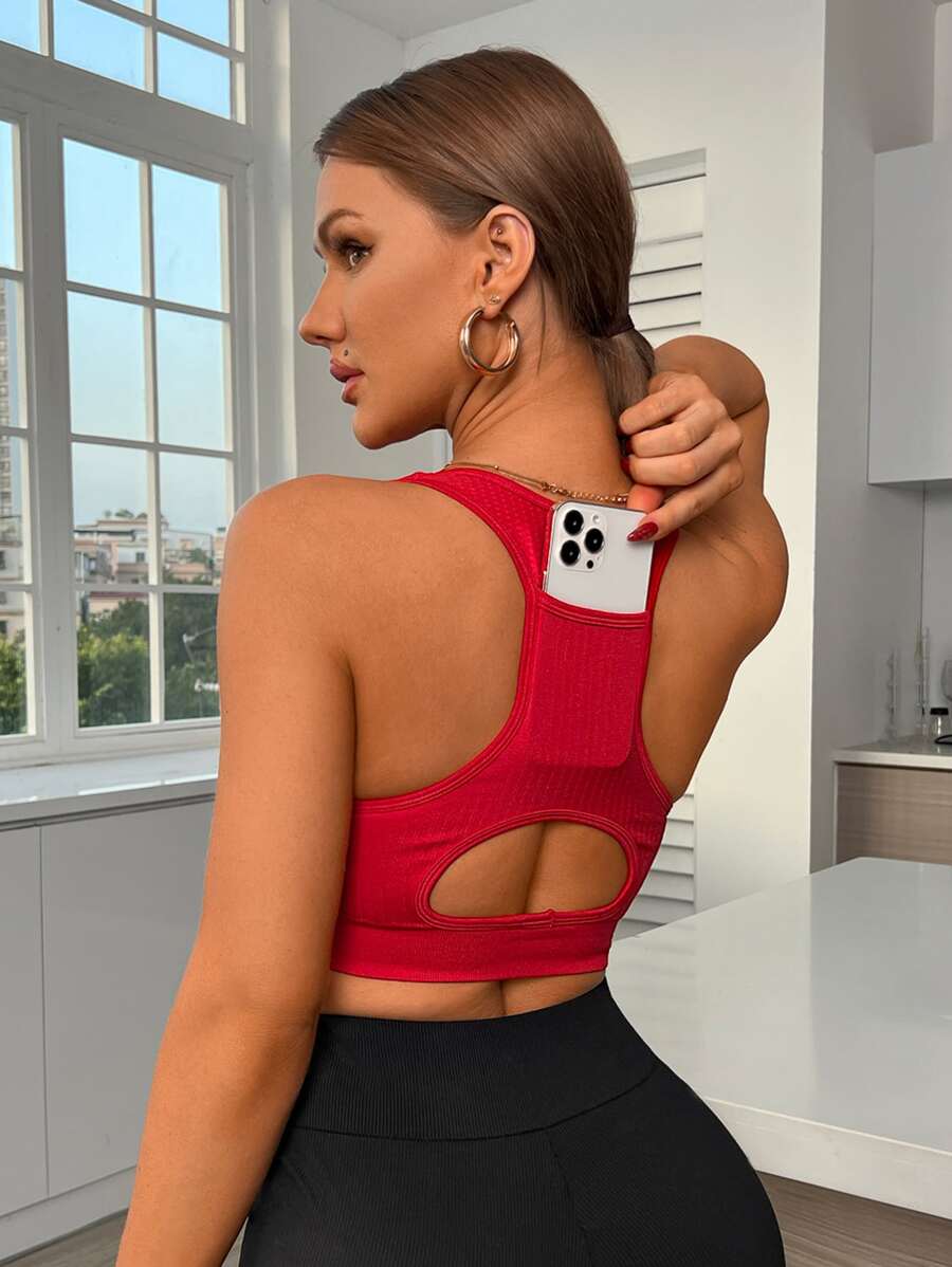 Medium Support  Seamless Cut Out Sports Bra With Phone Pocket - Red - View 1