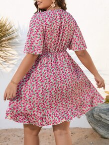 Flirla Plus Ditsy Floral Knot Front Butterfly Sleeve Dress - Multicolor - View 2