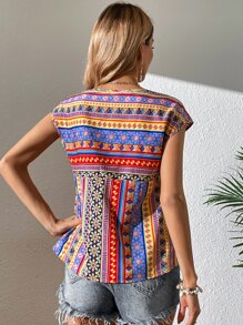 SHEIN Clasi Geo Print Batwing Sleeve Peplum Blouse - Multicolor - View 5