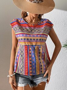 SHEIN Clasi Geo Print Batwing Sleeve Peplum Blouse - Multicolor - View 3