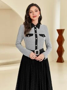 Modelyn Camisa de cuello en contraste con botón delantero - Blanco y Negro - Ver 4