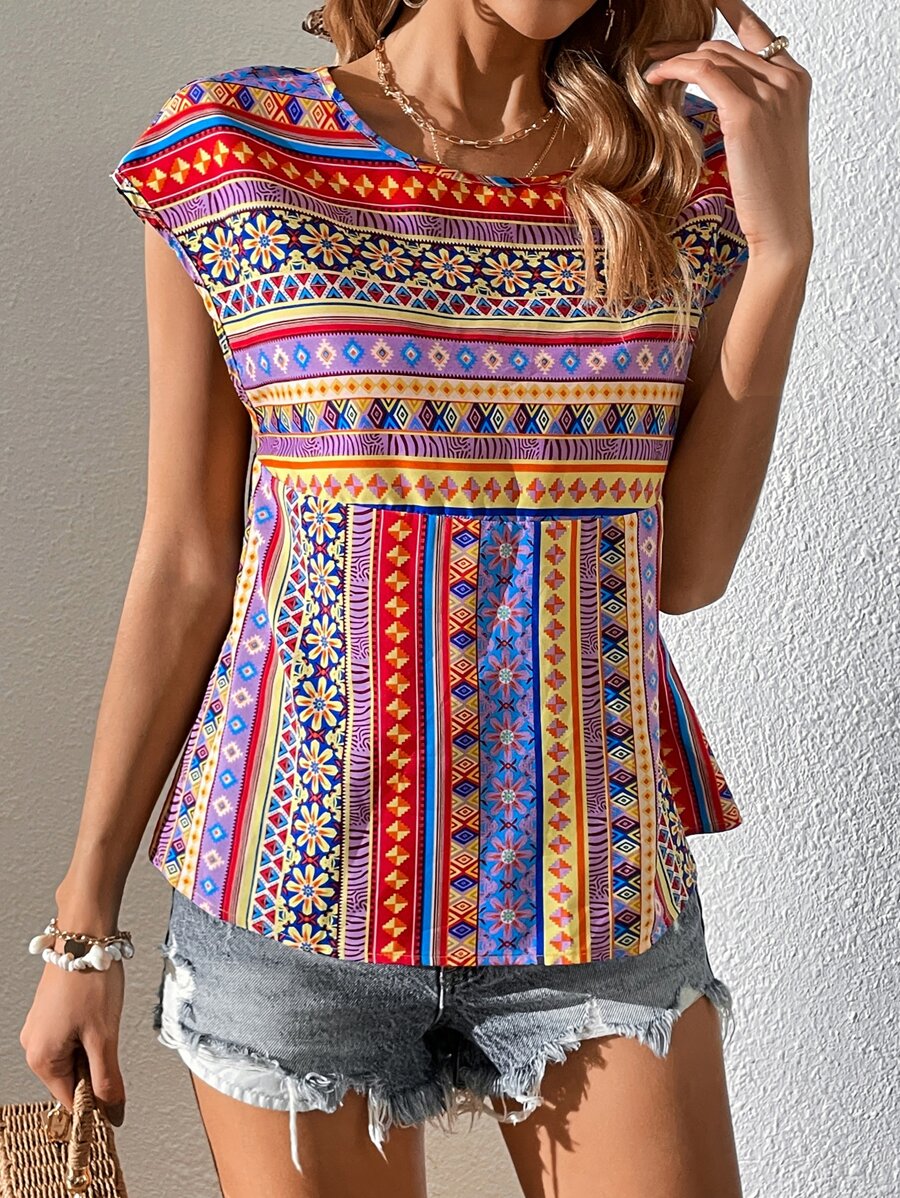 SHEIN Clasi Geo Print Batwing Sleeve Peplum Blouse - Multicolor - View 1