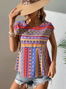 SHEIN Clasi Geo Print Batwing Sleeve Peplum Blouse - Multicolor - View 2