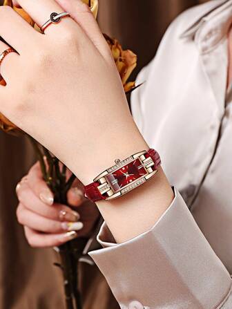 YILEIQI 鑲嵌水鑽裝飾方形刻度石英手錶，假日風格