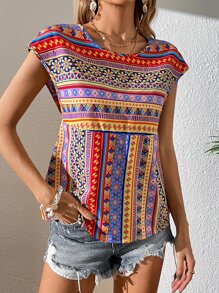 SHEIN Clasi Geo Print Batwing Sleeve Peplum Blouse - Multicolor - View 6