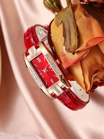 YILEIQI 鑲嵌水鑽裝飾方形刻度石英手錶，假日風格