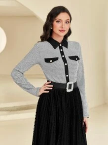 Modelyn Camisa de cuello en contraste con botón delantero - Blanco y Negro - Ver 1