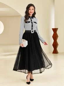 Modelyn Camisa de cuello en contraste con botón delantero - Blanco y Negro - Ver 2