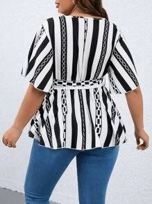SHEIN LUNE Plus Striped & Chain Print Belted Peplum Blouse - Black and White - View 2