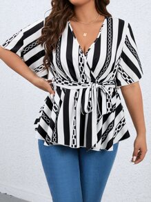 SHEIN LUNE Plus Striped & Chain Print Belted Peplum Blouse - Black and White - View 4