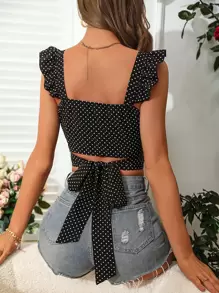 SHEIN Privé 波點圖案後綁帶荷葉邊短款上衣 - 黑與白 - 查看 3