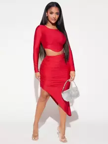 SHEIN SXY Solid Crop Top & Ruched Asymmetrical Hem Skirt - Rose Red - View 1