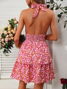 SHEIN WYWH Allover Floral Print Tie Backless Halter Dress - Multicolor - View 3