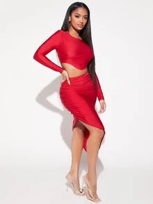 SHEIN SXY Solid Crop Top & Ruched Asymmetrical Hem Skirt - Rose Red - View 5