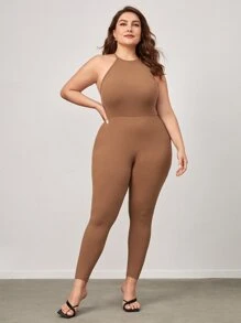 SHEIN BASICS Plus Solid Halter Unitard Jumpsuit - Apricot - View 1
