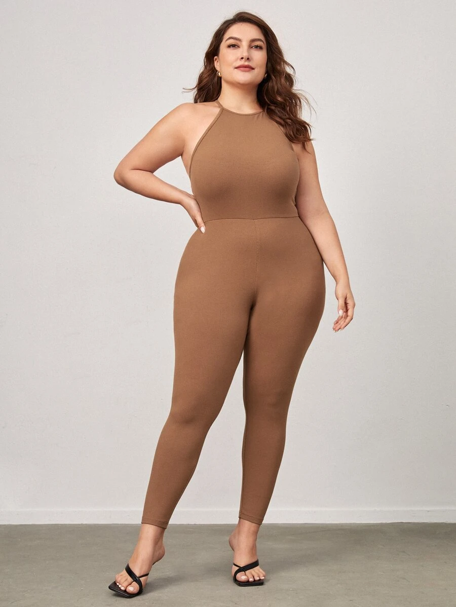SHEIN BASICS Plus Solid Halter Unitard Jumpsuit - Apricot - View 1