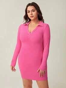 SHEIN BASICS Vestido De Cuerpo Ajustado Con Cuello V Para Tallas Grandes - Rosa - Ver 4