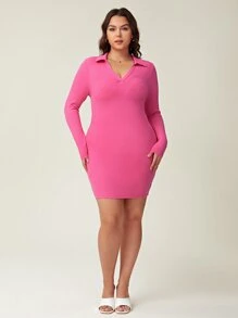 SHEIN BASICS Vestido De Cuerpo Ajustado Con Cuello V Para Tallas Grandes - Rosa - Ver 5