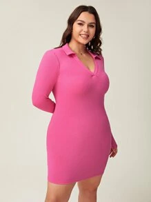 SHEIN BASICS Vestido De Cuerpo Ajustado Con Cuello V Para Tallas Grandes - Rosa - Ver 6