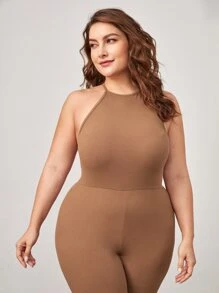 SHEIN BASICS Plus Solid Halter Unitard Jumpsuit - Apricot - View 5