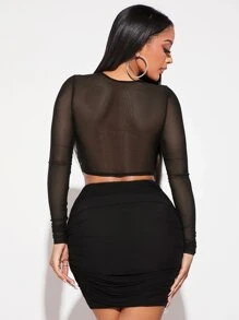 SHEIN SXY Solid Crop Top & Ruched Bodycon Skirt Set - Black - View 2