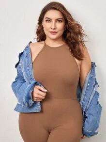 SHEIN BASICS Plus Solid Halter Unitard Jumpsuit - Apricot - View 6