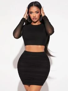 SHEIN SXY Solid Crop Top & Ruched Bodycon Skirt Set - Black - View 5