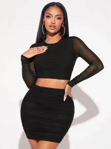 SHEIN SXY Solid Crop Top & Ruched Bodycon Skirt Set - Black - View 6