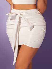 SHEIN SXY Tie Front Wrap Ruched Bodycon Skirt - White - View 6