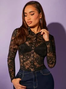 SHEIN SXY Button Front Lace Shirt Without Bra - Black - View 3