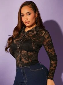 SHEIN SXY Button Front Lace Shirt Without Bra - Black - View 4